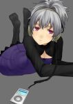  breasts cleavage darker_than_black digital_media_player dress face feet headphones ipod legs_up lying no_nose on_stomach pantyhose ponytail purple_eyes robo8 silver_hair simple_background solo violet_eyes yin 