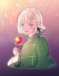  1boy :d blonde_hair candy_apple fireworks food green_eyes green_kimono green_ribbon hair_ribbon heterochromia highres hoshikawa_hisui japanese_clothes kimono long_sleeves looking_at_viewer lumeru_33 nil_admirari_no_tenbin open_mouth otoko_no_ko pink_eyes ribbon short_hair smile solo upper_body 