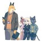  1boy 3girls animal_ears black_jacket black_skirt blue_eyes brown_jacket brown_pants cat_ears cat_girl cat_tail closed_mouth collared_shirt commentary_request cowboy_shot cropped_legs crossed_arms dog_girl fox_boy fox_ears furry furry_female furry_male hand_up hands_in_pockets highres holding holding_phone ichimura_shiho id_card jacket kinjo_(momoyorieki) lanyard long_sleeves looking_at_another looking_at_phone mitsuya_yuki multiple_girls nikaidou_rui odd_taxi open_mouth pants phone shirt short_hair simple_background skirt standing tail white_background white_shirt yamamoto_fuyuki 