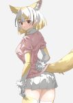  1girl adjusting_clothes adjusting_legwear animal_ear_fluff animal_ears arm_behind_back blonde_hair blush brown_eyes commentary cowboy_shot elbow_gloves extra_ears fennec_(kemono_friends) fox_ears fox_girl fox_tail from_behind fur_trim gloves grey_background hair_between_eyes highres kemono_friends looking_at_viewer looking_back miniskirt multicolored_hair pink_sweater pleated_skirt puffy_short_sleeves puffy_sleeves short_hair short_sleeves sidelocks simple_background skirt smile solo sweater tail tanabe_(fueisei) thigh-highs two-tone_gloves two-tone_hair white_fur white_gloves white_hair white_skirt yellow_gloves yellow_thighhighs zettai_ryouiki 