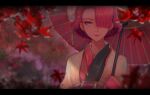  1girl absurdres autumn_leaves black_kimono blurry blurry_background bungou_stray_dogs closed_mouth commentary eyeshadow falling_leaves hair_ornament hair_over_one_eye hair_stick haori highres holding holding_umbrella japanese_clothes kaibab kimono leaf letterboxed lips lipstick long_sleeves looking_at_viewer makeup maple_leaf oil-paper_umbrella one_eye_covered ozaki_kouyou_(bungou_stray_dogs) pink_kimono rain red_eyes red_eyeshadow red_lips red_umbrella redhead short_hair smile solo two-tone_kimono umbrella upper_body white_haori 