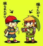  2boys arrow_(symbol) backpack bag baseball_cap belt belt_buckle black_eyes blonde_hair blue_shirt blue_shorts blue_sleeves blush boots brown_bag brown_belt brown_footwear brown_hair buckle camera child commentary_request denim denim_shorts green_background green_headwear green_shirt green_sleeves green_tunic hat holding holding_camera link long_sleeves looking_at_another male_focus mother_(game) motion_lines multiple_boys ness_(mother_2) open_mouth pants pocket pointy_ears pointy_hat red_footwear red_headwear ribbon-trimmed_headwear ribbon_trim shadow shield shield_on_back shirt shoes short_hair short_sleeves shorts simple_background smile sneakers socks solid_oval_eyes sparkle striped_clothes striped_shirt striped_sleeves super_smash_bros. t-shirt teijiro the_legend_of_zelda thick_eyebrows toon_link trait_connection translation_request two-tone_shirt v v-shaped_eyebrows white_pants white_socks yellow_shirt 