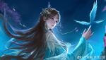  1girl absurdres bird blue_eyes brown_hair circlet closed_mouth douluo_dalu earrings expressionless from_side hair_ornament hand_up highres jewelry long_hair long_sleeves night night_sky ning_rongrong_(douluo_dalu) qiushui_feng_ke second-party_source sky solo upper_body 