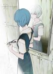  1girl ayanami_rei blue_dress blue_hair crying crying_with_eyes_open dress facing_away glasses hair_between_eyes highres holding holding_removed_eyewear indoors looking_at_mirror mirror neck_ribbon neon_genesis_evangelion orange_eyes parted_lips red_ribbon ribbon satoukrm shirt short_hair short_sleeves solo standing tears tile_wall tiles unworn_eyewear weibo_logo weibo_username white_shirt 