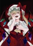  1girl absurdres ascot blonde_hair bow crying crying_with_eyes_open crystal crystal_wings embodiment_of_scarlet_devil fangs flandre_scarlet hand_on_own_chest hand_on_own_face hat hat_belt hat_ribbon highres long_hair looking_at_viewer mob_cap multicolored_wings niseneko_(mofumofu_ga_ienai) one_side_up open_mouth puffy_short_sleeves puffy_sleeves red_bow red_eyes red_skirt red_vest ribbon shirt short_hair short_sleeves side_ponytail skirt skirt_set smile solo tearing_up tears touhou vest white_headwear wings yellow_ascot 