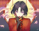  1boy androgynous bell black_gloves black_hair closed_mouth earrings finger_cots flower_knot gloves highres jewelry jingle_bell lattice long_sleeves looking_at_viewer lumeru_33 male_focus neck_bell nil_admirari_no_tenbin rei_sekka short_hair slit_pupils smile solo upper_body violet_eyes 