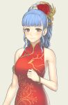 1girl absurdres alternate_hairstyle blue_hair breasts brown_eyes china_dress chinese_clothes dress fire_emblem fire_emblem:_three_houses gofelem highres looking_at_viewer marianne_von_edmund simple_background 
