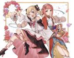  2girls abinosu0903 blonde_hair dress elise_(valentine)_(fire_emblem) fire_emblem fire_emblem_fates fire_emblem_heroes flower highres looking_at_viewer multiple_girls official_alternate_costume red_eyes redhead sakura_(valentine)_(fire_emblem) simple_background violet_eyes 