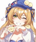  1girl animal_on_head animal_on_shoulder beret bird bird_on_head bird_on_shoulder blonde_hair blue_headwear blue_ribbon dokibird_(vtuber) dragoon_(dokibird) green_eyes grey_jacket hair_ribbon hat heart heart_hands highres indie_virtual_youtuber jacket long_hair looking_at_viewer on_head one_eye_closed ribbon smile star_(symbol) tana_(tanabio) twintails virtual_youtuber white_background 