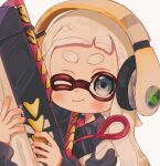  1girl blue_eyes carbon_roller_(splatoon) commentary_request headphones highres inkling_girl inkling_player_character long_hair ochocho2828 one_eye_closed open_mouth simple_background smile solo splatoon_(series) splatoon_3 tentacle_hair thick_eyebrows upper_body white_background white_hair 