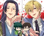  2boys 2girls artist_name blazer blonde_hair blue_eyes brown_hair chinese_clothes collared_shirt crossover cup flower freckles fujioka_haruhi green_hair grey_eyes hanfu jacket jinshi_(kusuriya_no_hitorigoto) kadeart kusuriya_no_hitorigoto long_hair low_twintails maomao_(kusuriya_no_hitorigoto) multiple_boys multiple_girls necktie open_mouth ouran_high_school_host_club ouran_high_school_uniform petals purple_hair red_flower red_rose rose saucer school_uniform shaded_face shirt short_hair smile sparkle suou_tamaki teacup thai_commentary trait_connection twintails violet_eyes 