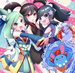  3girls :d :o alternate_color azumarill bare_shoulders black_hair blush dawn_(new_year&#039;s_2023)_(pokemon) detached_sleeves earrings from_side furisode_girl_(pokemon) furisode_girl_kali galarian_rapidash green_eyes green_hair grey_eyes hikari_(pokemon) hug japanese_clothes jewelry kimono lisia_(new_year&#039;s_2023)_(pokemon) lisia_(pokemon) looking_at_viewer memo14030037 multiple_girls official_alternate_costume official_alternate_hairstyle open_mouth oricorio oricorio_(sensu) pokemon pokemon_(creature) pokemon_masters_ex ponytail red_eyes shiny_pokemon smile twitter_username 