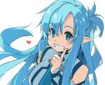  1girl :d aqua_eyes aqua_hair asuna_(sao) asuna_(sao-alo) bare_shoulders blue_dress blue_eyes blue_hair blue_sleeves braid breasts commentary_request detached_sleeves dress fairy_(sao) finger_to_mouth floating_hair french_braid grin hair_between_eyes hand_up heart high_collar index_finger_raised long_hair looking_at_viewer medium_breasts pointy_ears ponytail shikei simple_background smile solo sword_art_online two-tone_dress upper_body white_background white_dress white_sleeves 