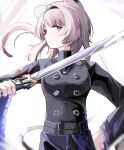  1girl absurdres animal_ears arknights black_hairband black_jacket breasts closed_mouth floating_hair hairband hand_on_own_hip highres holding holding_sword holding_weapon jacket lin_(arknights) long_hair long_sleeves pink_hair small_breasts solo spam_(spamham4506) sword violet_eyes weapon white_background wide_sleeves 