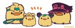  animalization belt bird black_eyes black_headwear chick curly_hair dio_brando double_bun giorno_giovanna green_belt hair_bun headband jojo_no_kimyou_na_bouken kotorai kujo_jolyne kujo_jotaro no_humans signature simple_background sitting solid_oval_eyes white_background 