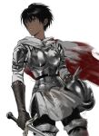 1girl absurdres armor berserk black_gloves black_hair blood blood_on_clothes breastplate brown_eyes cape casca_(berserk) closed_mouth cowboy_shot dark-skinned_female dark_skin elbow_gloves gloves grey_cape helmet highres holding holding_helmet holding_sword holding_weapon pelvic_curtain satoukrm short_hair shoulder_pads simple_background solo standing sword weapon weibo_logo weibo_username white_background