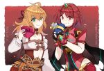  2girls blonde_hair breasts closed_mouth covered_navel earrings fingerless_gloves fiora_(xenoblade) gloves green_eyes happy_valentine jewelry long_hair looking_at_viewer mugimugis multiple_girls pyra_(xenoblade) red_eyes redhead short_hair smile swept_bangs tiara valentine xenoblade_chronicles_(series) xenoblade_chronicles_1 xenoblade_chronicles_2 