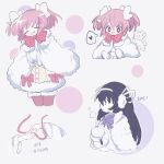  2girls akemi_homura black_hair bow bright_pupils capelet chinese_commentary chinese_text closed_eyes closed_mouth commentary_request earmuffs fur_capelet fur_thighhighs fur_trim hair_bow hair_ribbon heart highres kaname_madoka long_hair mahou_shoujo_madoka_magica mahou_shoujo_madoka_magica_(anime) medium_hair multiple_girls neck_ribbon pink_eyes pink_hair pink_ribbon pink_thighhighs purple_ribbon ribbon smile spoken_heart thigh-highs translation_request tukiliii twintails white_bow white_capelet white_pupils white_ribbon winter_clothes 