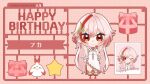  1girl bare_shoulders benghuai_xueyuan blush box chibi china_dress chinese_clothes closed_mouth dress fu_hua fu_hua_(phoenix) full_body gift gift_box gradient_hair hair_between_eyes hair_ornament happy_birthday honkai_(series) jingwei_(bird) long_hair looking_at_viewer multicolored_hair official_alternate_costume official_alternate_hairstyle official_art one_eye_closed picture_frame red_eyes red_footwear redhead shoes smile solo star_(symbol) streaked_hair white_dress white_hair 