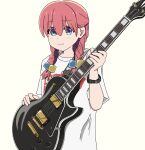  1girl bocchi_the_rock! braid clothes_writing cube_hair_ornament electric_guitar eyes_visible_through_hair gibson_les_paul guitar hair_ornament hair_over_eyes hand_up highres hitori_bocchi holding holding_guitar holding_instrument instrument long_hair looking_at_viewer nekoko_samurai pink_hair shirt simple_background solo standing t-shirt twin_braids watch watch white_shirt yellow_background 