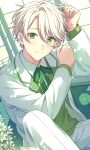  1boy arms_up blush bow bowtie clenched_hands collared_shirt commentary_request green_bow green_bowtie green_eyes green_vest highres hinase_midori jacket knee_up long_sleeves looking_at_viewer male_focus on_air! pants sekina shirt short_hair sitting smile solo suit vest white_haori white_jacket white_pants white_shirt white_suit window 