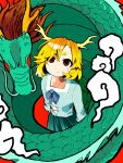  1girl a_xian antlers aqua_shirt aqua_skirt blonde_hair blue_ribbon brown_eyes chinese_commentary closed_mouth commentary commentary_request dragon flat_chest highres horns kicchou_yachie looking_up pleated_skirt ribbon shirt short_hair skirt smile solo symbol-only_commentary touhou 