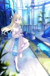  1girl absurdres blonde_hair blue_eyes blue_theme corset dress flower hair_flower hair_ornament highres indoors long_hair original pantyhose parted_lips pillar rei_(farta_litia) solo stairs standing water watering_can white_dress white_pantyhose 