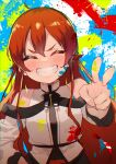  1girl absurdres ahoge bare_shoulders black_ribbon blush closed_eyes double-parted_bangs eris_greyrat fang fangs grin hair_between_eyes hand_on_own_hip hand_up highres long_hair mokkori mushoku_tensei neck_ribbon paint_splatter paint_splatter_on_face red_eyes redhead ribbon shirt sidelocks smile solo splatter_background v-shaped_eyebrows very_long_hair white_shirt 