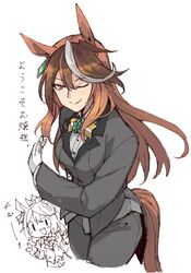  2girls animal_ears blue_eyes brown_hair hair_between_eyes horse_ears horse_girl horse_tail jewelry kusanagi_kaoru long_hair long_sleeves looking_at_viewer multicolored_hair multiple_girls ponytail shirt smile streaked_hair symboli_rudolf_(umamusume) tail tokai_teio_(umamusume) two-tone_hair umamusume violet_eyes white_hair 