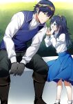  1boy 1girl aged_down alternate_costume ameno_(a_meno0) blue_eyes blue_hair boots bush chrom_(fire_emblem) father_and_daughter fire_emblem fire_emblem_awakening gloves leaning_to_the_side listening long_hair long_sleeves lucina_(fire_emblem) outdoors pants shirt short_hair sitting skirt smile symbol-shaped_pupils tiara 