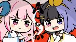  2girls :t a_ja_nai_ka_(vocaloid) artist_request asymmetrical_sidelocks black_hair blue_kimono blunt_bangs blush_stickers chibi cover detached_sleeves double_bun fang fur-trimmed_kimono fur-trimmed_sleeves fur_trim furrowed_brow grey_background hair_bun hair_ornament hairband hairclip heterochromia highres hiiragi_yuka_(niconico) indie_utaite japanese_clothes kimono long_hair looking_at_another multicolored_hair multiple_girls official_art open_mouth oroca_(pastel_honey) pastel_honey pink_eyes pink_hair pointing pointing_at_another pout purple_hair red_background short_hair sleeveless sleeveless_kimono song_name streaked_hair swept_bangs teeth text_in_eyes triangle_hair_ornament two-tone_hair two_side_up upper_body upper_teeth_only utaite violet_eyes virtual_youtuber yellow_hairband yellow_kimono 