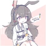  1girl :p animal_ears april_(arknights) arknights brown_hair carrot character_name closed_mouth collared_jacket commentary_request ear_tag feet_out_of_frame headphones highres implied_extra_ears jacket long_hair looking_at_viewer m_(m073111) rabbit_ears rabbit_girl solo star_(symbol) tongue tongue_out violet_eyes walkman white_jacket 