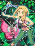  1girl bare_arms bare_shoulders blonde_hair breasts bug butterfly camera capri_pants green_eyes green_pants green_wristband holding holding_camera kurarin large_breasts midriff pants pokemon pokemon_(creature) pokemon_xy shirt short_hair silk sleeveless sleeveless_shirt spider_web surskit tank_top viola_(pokemon) vivillon vivillon_(meadow) white_shirt 