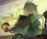  1boy alhaitham_(genshin_impact) black_shirt bridal_gauntlets closed_mouth cup genshin_impact grey_hair highres holding holding_cup indoors looking_to_the_side male_focus shirt short_hair sitting solo sunlight table yonaga_tsuki25 