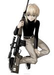  1girl absurdres belt black_belt black_footwear black_shirt blonde_hair blue_eyes character_request closed_mouth copyright_request expressionless full_body grey_pants gun gunslinger_girl highres holding holding_gun holding_weapon long_sleeves looking_to_the_side male_focus pants rico_(gunslinger_girl) rifle satoukrm shirt shoes short_hair sidelocks simple_background sketch sneakers sniper_rifle solo weapon weapon_request weibo_logo weibo_username white_background 