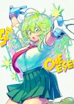  1girl artist_name boku_no_hero_academia border breasts collared_shirt colored_eyelashes double_v english_text gloves green_border green_eyes green_footwear green_hair green_skirt hagakure_tooru hair_between_eyes highres inset_border jumping large_breasts long_hair looking_at_viewer mecyo_(mamezurushiki) messy_hair midair multicolored_hair necktie open_mouth outstretched_arms partially_unbuttoned pink_hair pleated_skirt red_necktie school_uniform shirt skirt solo sparkle thick_eyelashes thighs u.a._school_uniform unusually_visible v white_background white_gloves 