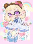  1girl artist_name blonde_hair blue_footwear border commentary_request dress full_body grid_background high_heels highres inkling_girl inkling_player_character medium_hair mina_p open_mouth outside_border pink_border pointy_ears sailor_dress smile solo splatoon_(series) splatoon_3 tentacle_hair thick_eyebrows thigh-highs twitter_username violet_eyes white_background white_dress 
