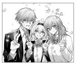  1boy 2girls alternate_universe blazer blush bow bowtie breasts caelus_(honkai:_star_rail) collared_shirt double_v falling_petals firefly_(honkai:_star_rail) greyscale hair_between_eyes hair_intakes hairband hand_up hands_up head_tilt highres honkai:_star_rail honkai_(series) inset_border jacket long_hair long_sleeves looking_at_viewer medium_breasts monochrome multiple_girls necktie open_clothes open_jacket open_mouth petals school_uniform shirt short_hair side-by-side sidelocks sleeve_cuffs smile sound_effects stelle_(honkai:_star_rail) straight-on striped_bow striped_bowtie striped_clothes striped_necktie sweat tomono_tomochan trailblazer_(honkai:_star_rail) upper_body v 