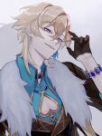  1boy aqua_shirt aventurine_(honkai:_star_rail) black_gloves black_jacket blonde_hair bracelet clothing_cutout collared_shirt earrings fur_trim glasses gloves hair_between_eyes highres honkai:_star_rail honkai_(series) jacket jewelry looking_at_viewer male_focus pectoral_cleavage pectorals shirt short_hair simple_background smile solo white_background xuripit 