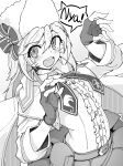  1girl absurdres belt belt_pouch claw_pose drawn_whiskers fingerless_gloves fur_hat girls_frontline gloves hat hat_ribbon highres long_hair looking_at_viewer minami_shin_(zenshuu_bougyo) monochrome nagant_revolver_(girls&#039;_frontline) nyan open_mouth pouch ribbon solo speech_bubble teeth upper_body upper_teeth_only 