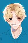  1boy ascot blonde_hair blue_background collared_shirt eloishiko english_commentary highres looking_at_viewer male_focus one_eye_closed one_piece sabo_(one_piece) scar scar_on_face shirt short_hair simple_background smile solo 