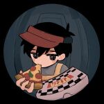  1boy antenna_hair apron black_eyes black_hair eating food grey_shirt hair_between_eyes highres holding holding_food holding_pizza looking_at_viewer official_alternate_costume omori pizza pizza_box pizza_slice red_headwear red_visor shirt short_hair short_sleeves solo sunny_(omori) user_yprm7442 visor_cap yellow_apron 