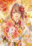  1girl :d berry blue_eyes brown_hair copyright_name dot_nose falling_leaves flower hair_flower hair_ornament japanese_clothes kimono kurusu_natsume kurusu_natsume_(2nd_costume) lace leaf multicolored_hair nijisanji niwa_haruki official_art open_mouth orange_flower red_flower red_kimono redhead sample_watermark smile solo streaked_hair teeth tongue upper_teeth_only watermark white_flower wide_sleeves yellow_flower 