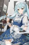  1girl absurdres alternate_costume apron aqua_hair blue_choker blue_dress blue_ribbon choker cjsdh1000 closed_mouth coffee_maker commentary_request cowboy_shot dress enmaided faruzan_(cafe)_(genshin_impact) faruzan_(genshin_impact) food frilled_apron frilled_skirt frilled_sleeves frills genshin_impact green_eyes hair_ornament highres holding holding_plate holding_teapot indoors kitchen long_hair looking_at_viewer maid maid_apron maid_headdress official_alternate_costume plate puffy_short_sleeves puffy_sleeves ribbon short_sleeves skirt smile solo teapot thigh-highs triangle-shaped_pupils twintails white_apron white_thighhighs white_wrist_cuffs wrist_cuffs x_hair_ornament 