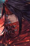  1boy belt_buckle black_hair buckle cloak closed_mouth embers final_fantasy final_fantasy_vii final_fantasy_vii_rebirth hankuri headband high_collar long_hair male_focus portrait red_cloak red_eyes red_headband serious solo upper_body vincent_valentine 