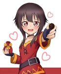  1girl absurdres belt blush brown_belt brown_hair chocolate collar dress food heart highres holding holding_chocolate holding_food kono_subarashii_sekai_ni_shukufuku_wo! looking_at_viewer lyourika megumin pouch red_dress red_eyes short_hair_with_long_locks solo 