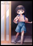  1girl absurdres backpack bag black_hair blue_eyes blue_shorts braid comic_lo highres looking_at_viewer nogiwa_kaede non-web_source open_mouth original pink_sweater short_hair shorts sliding_doors smile solo sweater 