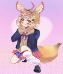  1girl ahoge animal_ear_fluff animal_ears black_footwear black_jacket blonde_hair blue_bow blue_bowtie blue_hair blue_nails blue_skirt blush bow bowtie brown_cardigan cardigan closed_mouth commentary_request diagonal-striped_bow diagonal-striped_bowtie diagonal-striped_clothes fox_ears fox_girl fox_tail full_body gyaru hair_bow hair_ornament hairclip hands_on_own_face hands_up heart heart-shaped_pupils highres hololive jacket knee_up kogal loafers long_hair long_sleeves looking_at_viewer loose_socks miniskirt multicolored_bowtie multicolored_hair multicolored_nails multiple_hair_bows nail_art nail_polish official_alternate_costume official_alternate_hair_length official_alternate_hairstyle omaru_polka omaru_polka_(school_uniform) on_one_knee open_clothes open_jacket pi_(namakurichan) pink_background pink_hair pink_pupils pleated_skirt polka_dot polka_dot_background red_bow red_bowtie red_nails red_skirt school_uniform shoes side_ponytail simple_background skirt sleeves_past_wrists smile socks solo streaked_hair striped_clothes symbol-shaped_pupils tail very_long_hair violet_eyes virtual_youtuber white_socks 