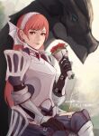  1girl armor cherche_(fire_emblem) cm_lynarc fire_emblem fire_emblem_awakening flower hairband highres long_hair looking_at_viewer minerva_(fire_emblem_awakening) red_eyes redhead signature simple_background 