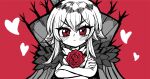  1girl black_souls cape closed_mouth crossed_arms flower frown hair_between_eyes heart heart-shaped_pupils highres koshou_shou_mitsu long_hair looking_at_viewer lorina_(black_souls) red_background red_eyes red_flower red_rose rose solo straight-on symbol-shaped_pupils upper_body v-shaped_eyebrows 